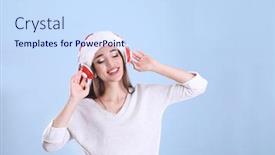  Presentation with christmas music - Audience pleasing PPT layouts consisting of beautiful young woman in santa hat listening to christmas music on color background backdrop and a sky blue colored foreground