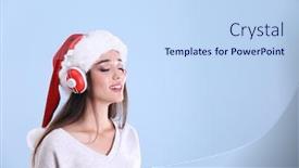  Presentation with christmas music - Audience pleasing PPT layouts consisting of beautiful young woman in santa hat listening to christmas music on color background backdrop and a sky blue colored foreground