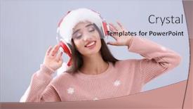  Presentation with christmas music - Slide deck with beautiful young woman in santa hat listening to christmas music on light background background and a lemonade colored foreground