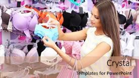  Presentation with mystery shop - PPT theme with woman in shop with underwear background and a coral colored foreground
