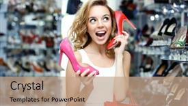  Presentation with young sing woman singing young - PPT theme having beautiful young woman in shop background and a coral colored foreground