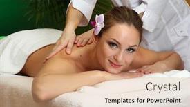  Presentation with spa salon - PPT theme consisting of beautiful young woman in spa salon getting massage on green background background and a coral colored foreground