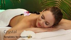  Presentation with salon - Slide set enhanced with beautiful young woman in spa salon with spa stones on green background background and a coral colored foreground