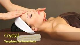  Presentation with spa salon - Slide deck featuring beautiful young woman in spa salon taking head massage on dark background background and a tawny brown colored foreground