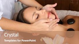  Presentation with spa salon - Slide deck featuring beautiful young woman in spa salon with spa stones taking head massage background and a coral colored foreground
