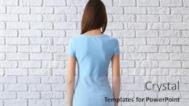 Presentation with white brick wall - Cool new presentation theme with beautiful-young-woman-in-stylish backdrop and a light blue colored foreground