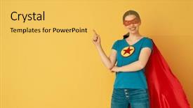  Presentation with joyful - PPT layouts having beautiful young woman in superhero background and a yellow colored foreground