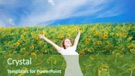  Presentation with blue flower - Cool new presentation design with beautiful young woman in white sundress jumps among sunflowers on flower field under blue cloudy sky backdrop and a tawny brown colored foreground