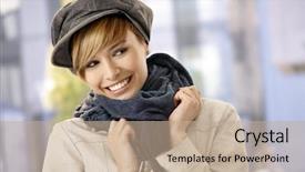  Presentation with winter - Audience pleasing PPT layouts consisting of beautiful young woman in winter backdrop and a coral colored foreground