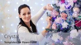  Presentation with merry christmas - PPT theme with beautiful-young-woman-is-decorating and a  colored foreground