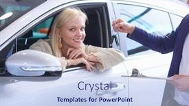  Presentation with dealership - Presentation design enhanced with young woman is getting key background and a light blue colored foreground