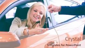  Presentation with car key - Beautiful slide set featuring beautiful young woman is getting key and smiling while sitting in a new car in dealership backdrop and a lemonade colored foreground