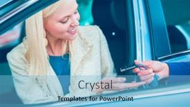  Presentation with dealership - Colorful slide set enhanced with young woman is getting key backdrop and a light blue colored foreground