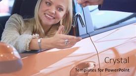  Presentation with dealership - Presentation theme featuring young woman is getting key background and a coral colored foreground