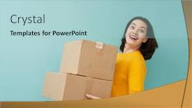  Presentation with cardboard - Slide deck with beautiful-young-woman-is-holding background and a light blue colored foreground