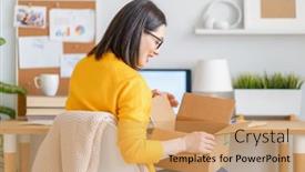  Presentation with woman office desk - Presentation enhanced with beautiful-young-woman-is-holding background and a coral colored foreground