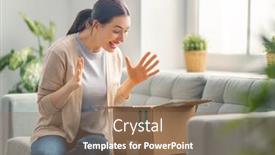  Presentation with cardboard - PPT theme enhanced with beautiful-young-woman-is-holding background and a coral colored foreground