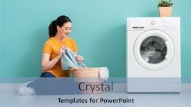  Presentation with laundry - Slide set having beautiful-young-woman-is-smiling background and a light blue colored foreground