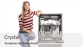  Presentation with kneeling - Amazing PPT theme having beautiful young woman kneeling next backdrop and a light gray colored foreground