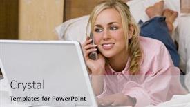  Presentation with lays - Beautiful slides featuring beautiful young woman lays on her bed using a laptop and talking on a portable phone backdrop and a light gray colored foreground