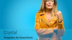  Presentation with funny - Colorful presentation design enhanced with beautiful-young-woman-making-funny and a  colored foreground