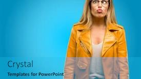  Presentation with funny - Presentation design enhanced with beautiful-young-woman-making-funny and a cyan colored foreground