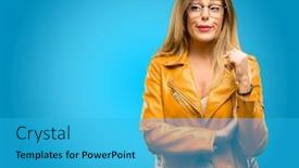  Presentation with funny - Slide deck with beautiful-young-woman-making-funny and a  colored foreground