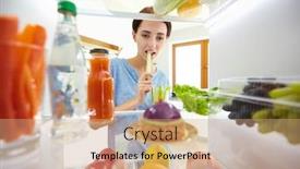  Presentation with refrigerator - Presentation theme featuring beautiful-young-woman-near background and a coral colored foreground