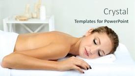  Presentation with salon - Amazing presentation having beautiful young woman on massage table in cosmetic salon close up backdrop and a sky blue colored foreground