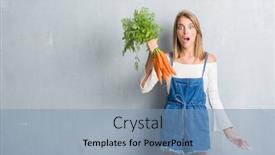  Presentation with carrots - Audience pleasing slides consisting of beautiful young woman over grunge grey wall holding fresh carrots scared in shock with a surprise face afraid and excited with fear expression backdrop and a teal colored foreground