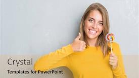  Presentation with lollipop - Slide deck featuring beautiful young woman over grunge grey wall eating lollipop candy happy with big smile doing ok sign thumb up with fingers excellent sign background and a yellow colored foreground