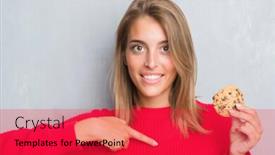 Presentation with chocolate chip - Amazing theme having beautiful young woman over grunge grey wall eating chocolate chip cooky with surprise face pointing finger to himself backdrop and a red colored foreground
