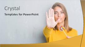  Presentation with lollipop - Slide deck featuring beautiful young woman over grunge grey wall eating lollipop candy with open hand doing stop sign with serious and confident expression defense gesture background and a light gray colored foreground