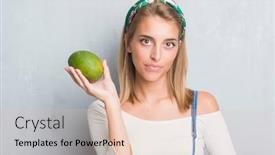  Presentation with mango - PPT layouts enhanced with beautiful young woman over grunge grey wall holding fresh mango with a confident expression on smart face thinking serious background and a lemonade colored foreground