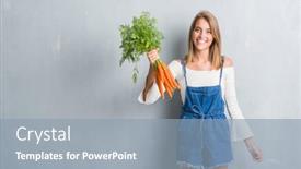  Presentation with carrots - Audience pleasing presentation theme consisting of beautiful young woman over grunge grey wall holding fresh carrots with a happy face standing and smiling with a confident smile showing teeth backdrop and a light blue colored foreground