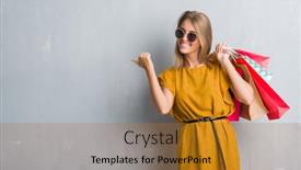  Presentation with sales - Presentation theme with beautiful young woman over grunge grey wall holding shopping bags on sales pointing and showing with thumb up to the side with happy face smiling background and a gold colored foreground