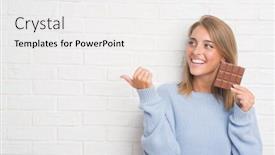  Presentation with white brick - Cool new theme with beautiful young woman over white brick wall eating chocolate bar pointing and showing with thumb up to the side with happy face smiling backdrop and a white colored foreground