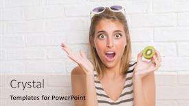  Presentation with white brick - Audience pleasing PPT layouts consisting of beautiful young woman over white brick wall eating green kiwi very happy and excited winner expression celebrating victory screaming with big smile and raised hands backdrop and a coral colored foreground