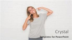  Presentation with white brick wall - PPT theme enhanced with beautiful young woman over white brick wall smiling confident showing and pointing with fingers teeth and mouth health concept background and a light gray colored foreground