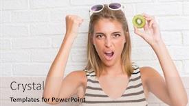  Presentation with white brick wall - Cool new PPT layouts with beautiful young woman over white brick wall eating green kiwi annoyed and frustrated shouting with anger crazy and yelling with raised hand anger concept backdrop and a soft green colored foreground