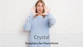  Presentation with white brick wall - Colorful slide deck enhanced with beautiful young woman over white brick wall afraid and terrified with fear expression stop gesture with hands shouting in shock panic concept backdrop and a light blue colored foreground