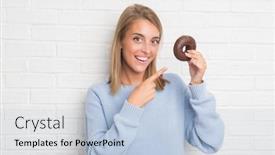  Presentation with white brick - Audience pleasing presentation consisting of beautiful young woman over white brick wall eating chocolate donut very happy pointing with hand and finger backdrop and a light blue colored foreground