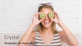  Presentation with white brick - PPT theme with beautiful young woman over white brick wall eating green kiwi with a happy face standing and smiling with a confident smile showing teeth background and a soft green colored foreground