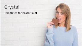  Presentation with white brick - Slides with beautiful young woman over white brick wall eating chocolate bar with a confident expression on smart face thinking serious background and a white colored foreground