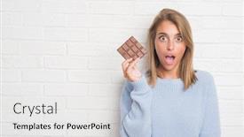  Presentation with white brick - Presentation design enhanced with beautiful young woman over white brick wall eating chocolate bar scared in shock with a surprise face afraid and excited with fear expression background and a white colored foreground