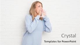  Presentation with white brick wall - Beautiful PPT theme featuring beautiful young woman over white brick wall shouting and screaming loud to side with hand on mouth communication concept backdrop and a white colored foreground