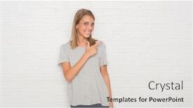  Presentation with white brick wall - Amazing PPT theme having beautiful young woman over white brick wall cheerful with a smile of face pointing with hand and finger up to the side with happy and natural expression on face looking at the camera backdrop and a light gray colored foreground