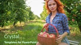  Presentation with orchard - Presentation with beautiful-young-woman-picking-ripe background and a tawny brown colored foreground