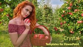 Presentation with orchard - Presentation design consisting of beautiful-young-woman-picking-ripe background and a tawny brown colored foreground