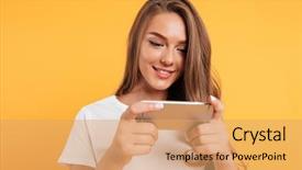  Presentation with happy image - Amazing slide deck having beautiful young woman play game backdrop and a coral colored foreground